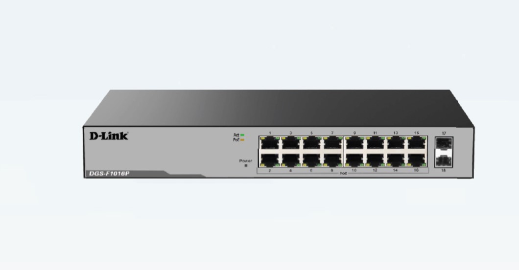 D-Link DGS-F1016P 16-Port Gigabit PoE+ Switch with 2 SFP Uplink Ports (250W)